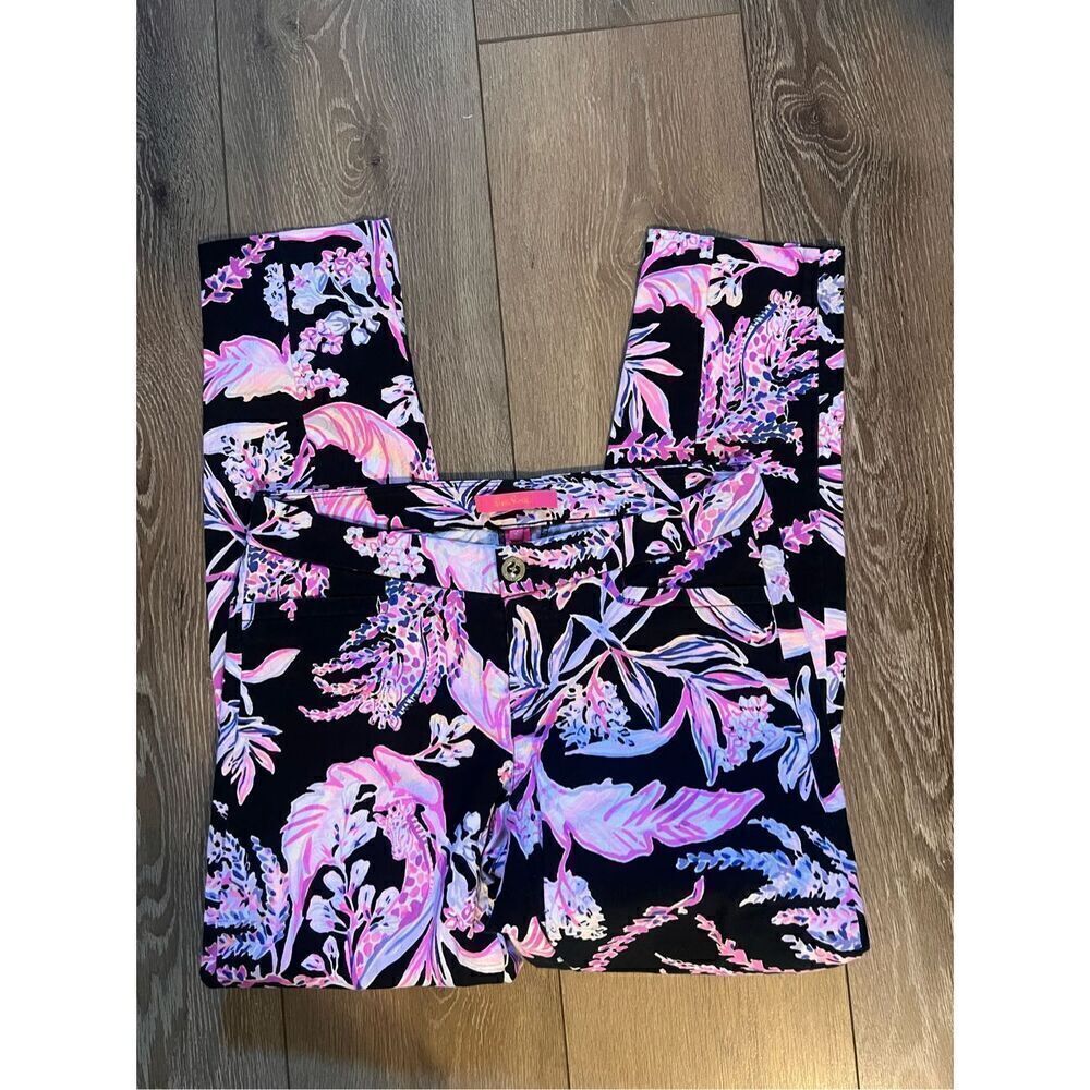 Lilly Pulitzer Women's 4 Kelly Ankle Pants Black Pink Purple Wildflower Floral - Picture 8 of 13
